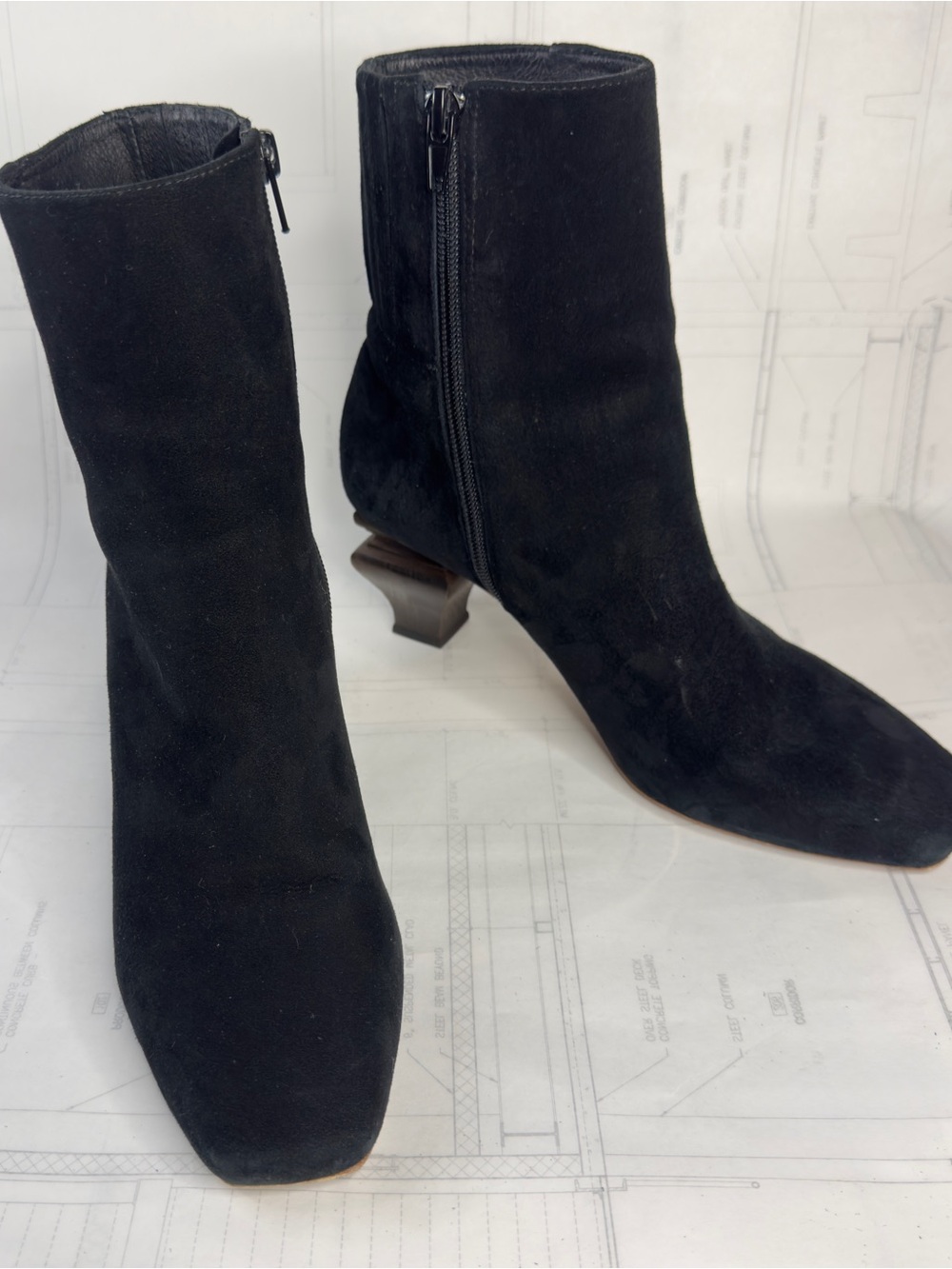 Charlotte Stone Stickley Black Suede Boots wooden block heal size 8